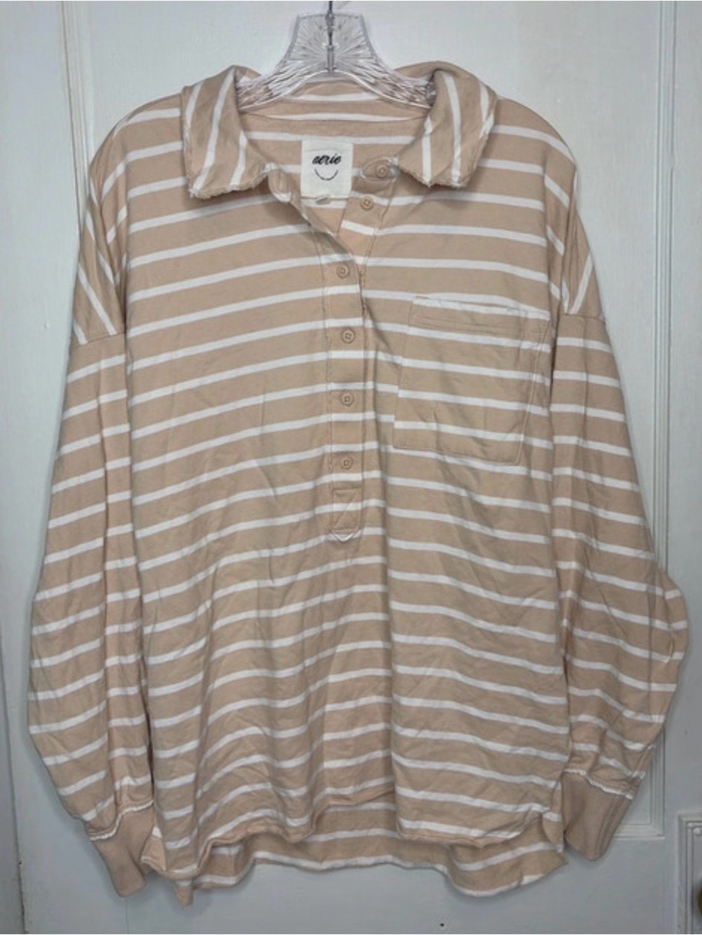 Aerie Striped Button Polo in Beige White French Terry Oversized Sz Medium